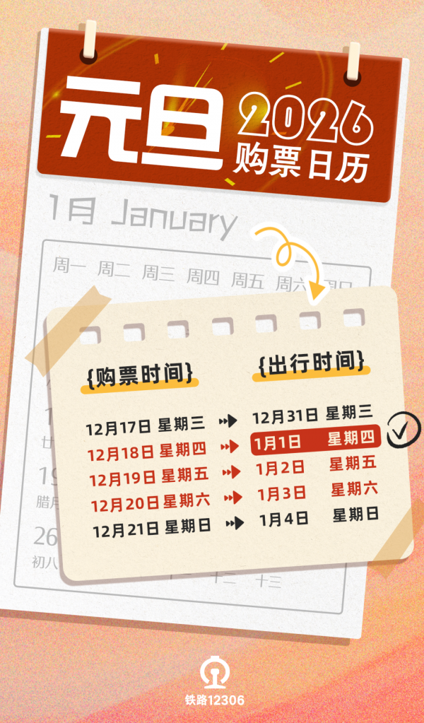2026年元旦本日火车票18日开售